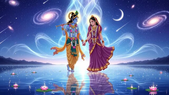 Krishna Radha Celestial Love - Krishna and Radha, Hindu deities, walk hand-in-hand across a serene, starlit lake at night, their reflections mirrored in the water, surrounded by galaxies and shooting