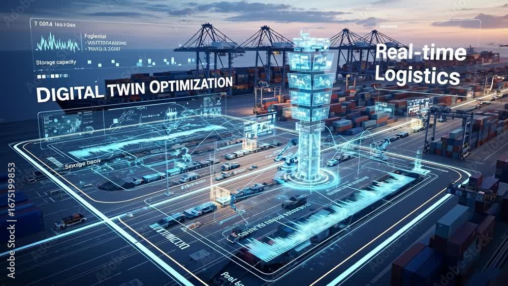 Poster digital twin optimization of container port logistics - an aerial view of a digital twin model showi