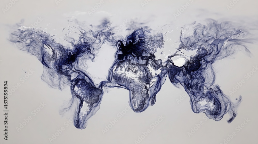 Poster ethereal smoke forming the shape of a world map creating a dreamy atmosphere of global unity and con