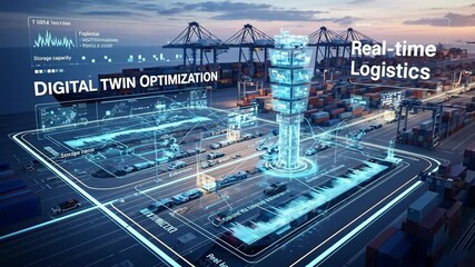 Digital Twin Optimization of Container Port Logistics - An aerial view of a digital twin model showing real-time optimization of container storage, cargo transportation, and logistics within a busy - Powered by Adobe
