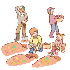 さつまいも掘りをする4人家族