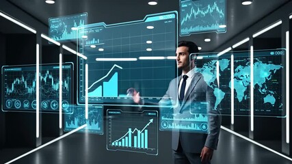 Businessman Analyzing Futuristic Holographic Data - A businessman interacts with a holographic interface displaying various financial charts, graphs, and a world map. - Powered by Adobe