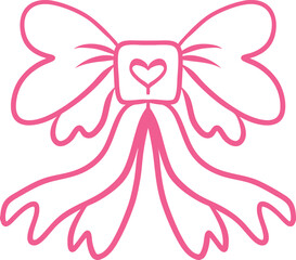 Cute Pink Ribbon Bow with Heart – Vector Line Art Illustration