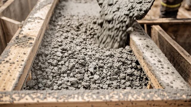 Construction workers pouring concrete into wooden formwork