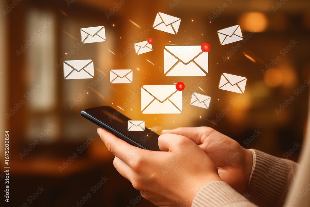 Poster hands holding a smartphone with email icons floating above, showcasing a high volume of incoming mes