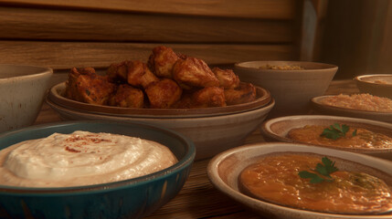 Delicious assortment of Middle Eastern cuisine creates a vibrant, inviting meal.