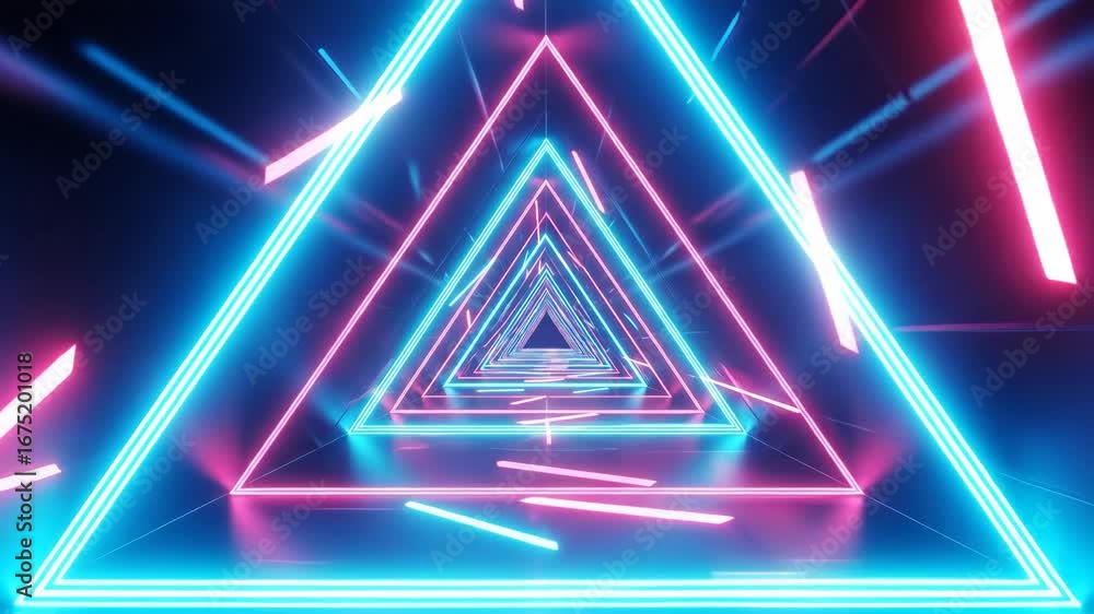 Poster neon triangular tunnel - a vibrant and dynamic digital video of a triangular tunnel lit with pulsati