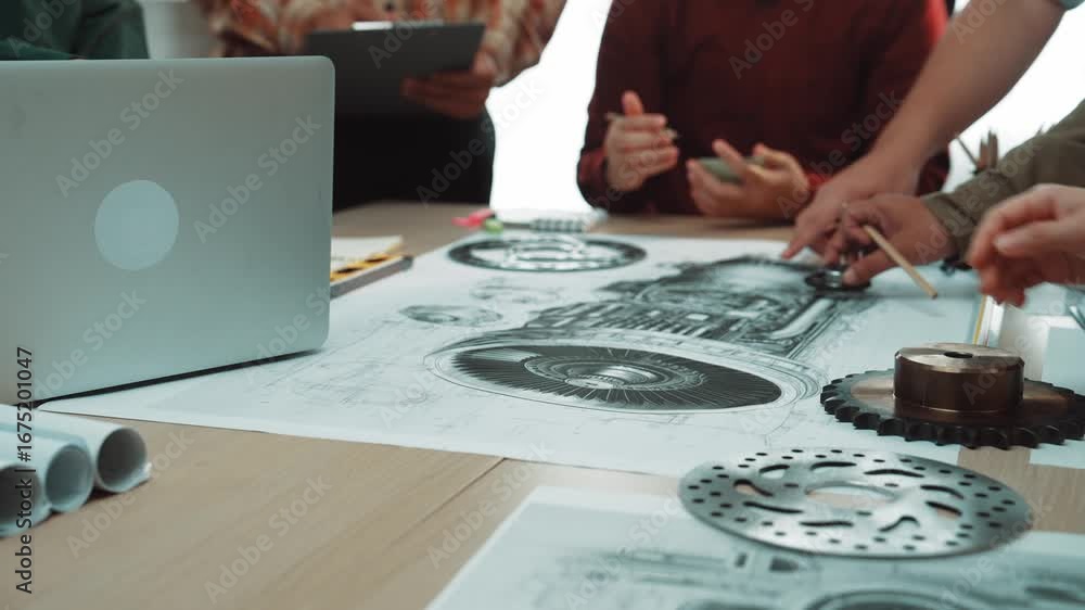Poster a diverse team of engineers collaborates on mechanical design projects in a modern office. laptops, 