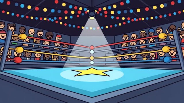 Cartoon Wrestling Ring with Cheerful Crowd - A vibrant cartoon illustration showcasing a wrestling ring surrounded by a diverse and excited crowd.