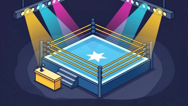 Illuminated Wrestling Ring - Isometric illustration of a professional wrestling ring brightly lit by spotlights, complete with announcer's table and steps.