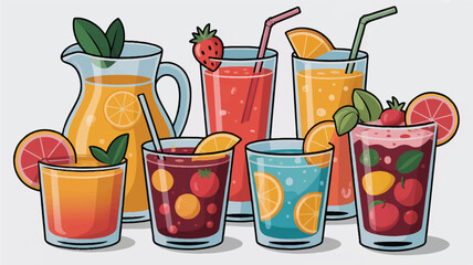 A stylized illustration of six colorful cocktails arranged in two rows of three.  
d