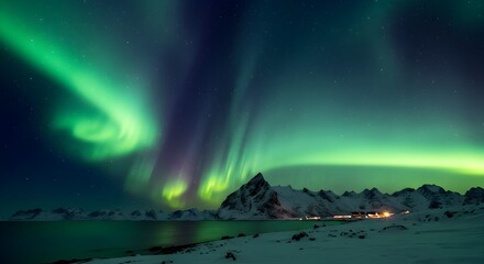 Aurora borealis over snowy landscape