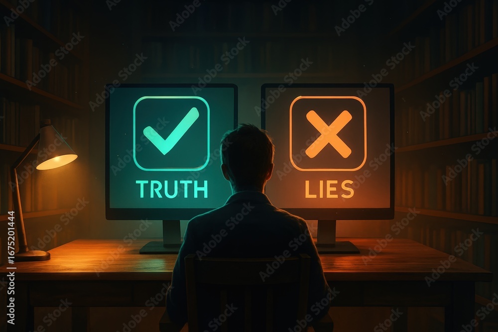 Poster a person sits facing computer screens displaying truth and lies, illuminated by contrasting teal and