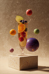 Full HD, high-resolution photography of an abstract, mixed-media cocktail in a tall glass, with fruit slices and berries floating suspended within, and colorful, stylized spheres levitating around it.