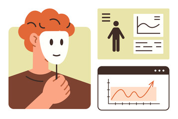 Person holding smiling mask hiding behind it next to data charts, graphs, and human figure. Ideal for analytics, identity, psychology, data, growth, deception and privacy themes in a simple flat