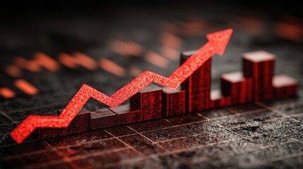 A bold red arrow rising over a cityscape symbolizing economic growth and trends in the macroeconomic heat index visualization