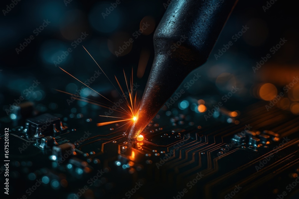 Poster a focused close-up view of a soldering iron connecting circuit board components with sparks flying.