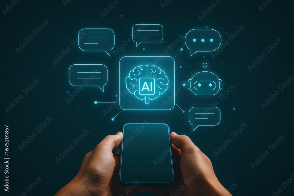 Poster a smart phone displays an interactive graphic of artificial intelligence concepts, including a brain