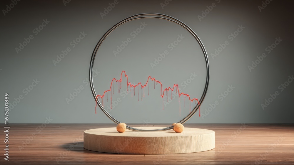 Poster wooden stand featuring a distinctive red line representing conceptual frameworks in economic trade a