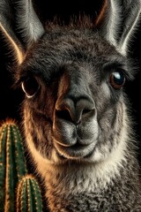 Fototapeta premium Close-up of a llama's face with cacti in the background, showcasing unique textures.
