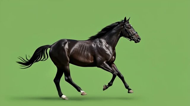 Elegant Black Horse Galloping - A stunning black horse in motion, galloping across a vibrant green screen background.
