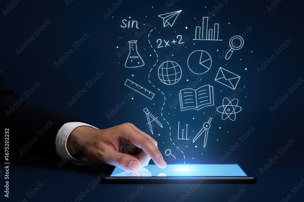 Poster a hand interacts with a glowing tablet screen, displaying a collection of educational icons floating