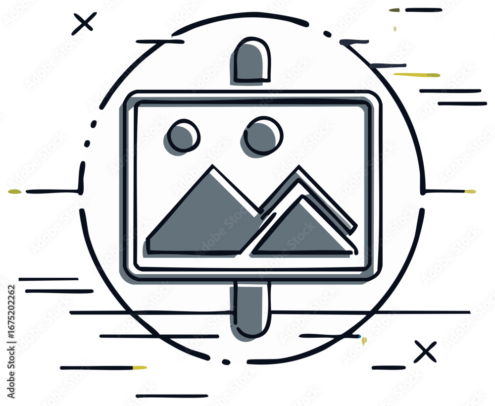 Poster vector illustration of a hand drawn image icon with mountains circles and abstract lines in a graphi