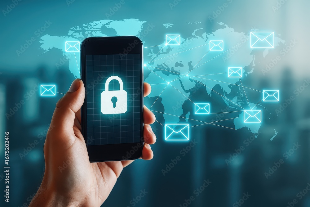 Poster a hand holds a smartphone displaying a lock icon, symbolizing global email security in a teal-toned 