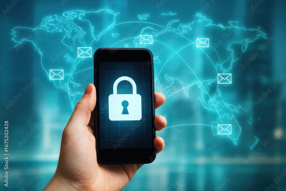 Aufkleber a smartphone displays a global security lock icon overlaid on a world map with email symbols, repres