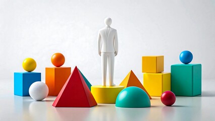 3D business figure surrounded by colorful geometric shapes including cubes, spheres, pyramids and cylinders symbolizing creativity and diversity
