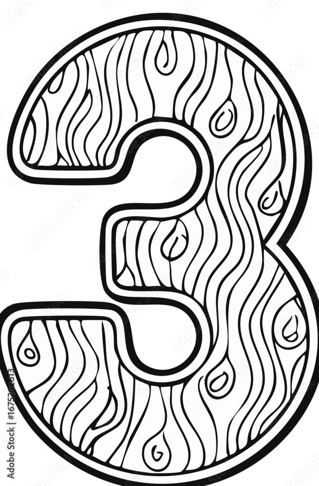 Poster stylized number 3 with abstract organic pattern and outline