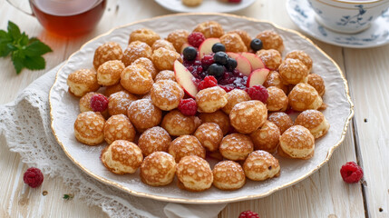 Fototapeta premium Delicious Dutch poffertjes pancake with fresh berries and fruit on white plate.