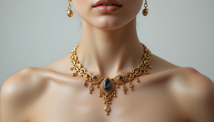 Coordinated gold necklace and dangling earrings set with matching blue stones, 4K and HD image