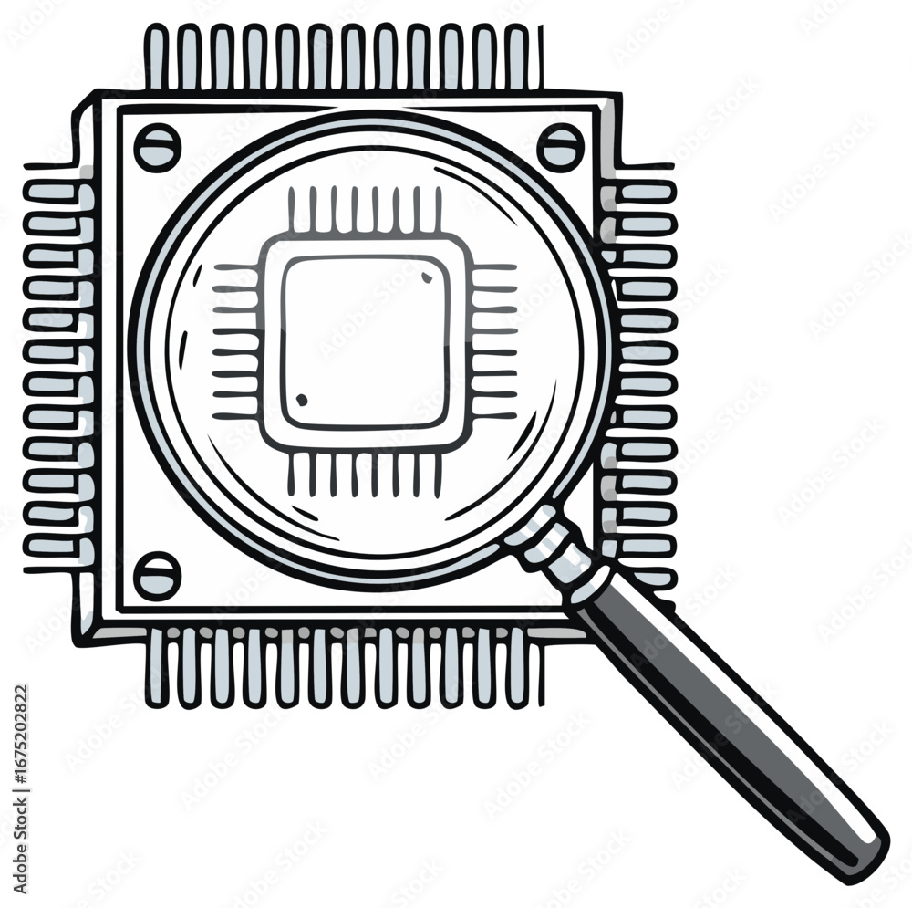 Poster magnifying glass over computer processor chip close-up inspection of electronic component