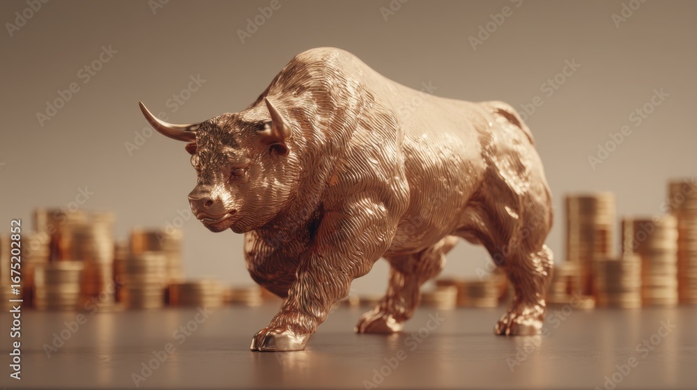 Aufkleber bull standing proudly in front of stacks of coins depicting market cycle visualizer for financial co