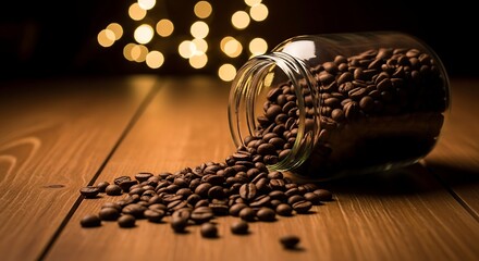 Roasted coffee beans spilling from glass jar on wooden surface