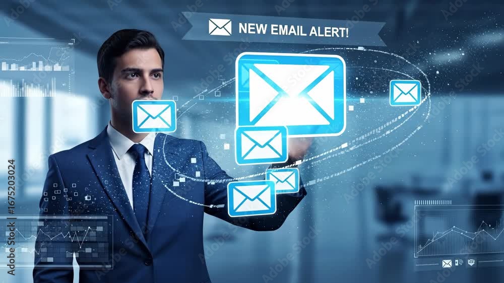 Aufkleber businessman receiving new email alert - a businessman in a suit interacts with a digital interface s