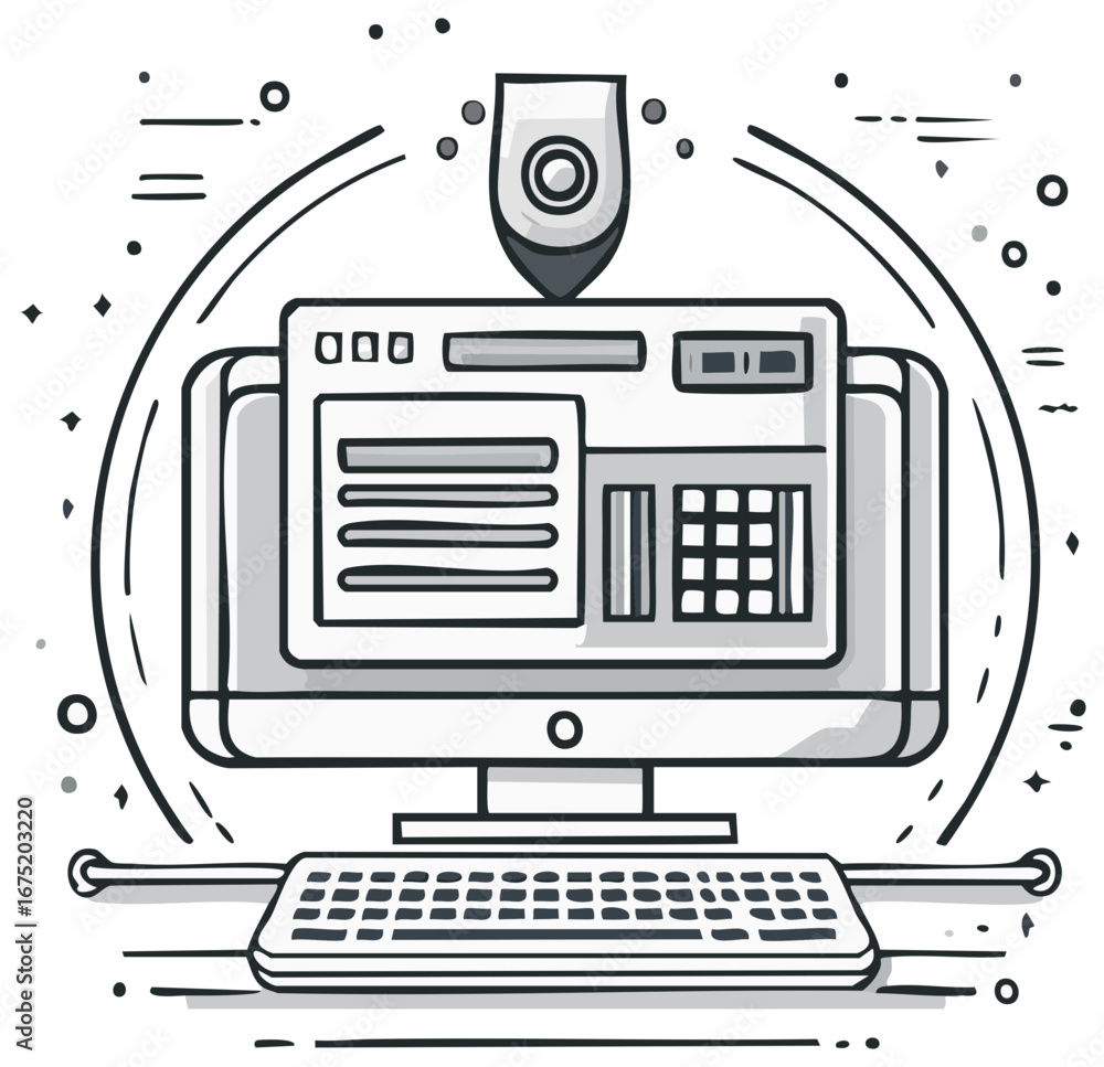 Poster cybersecurity and data protection concept with computer, shield and keyboard illustration.