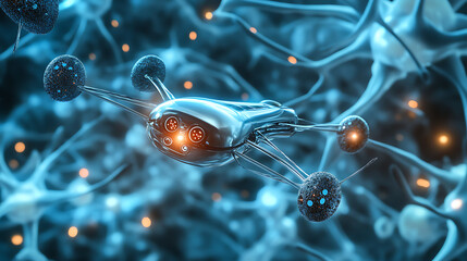 Sleek silver nanobot with rotating propellers flying close to a neuron structure 
