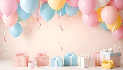풍선장식 아래 귀엽고 작은 선물박스 여러개Several cute little gift boxes under balloon decorations