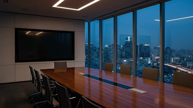 Empty Conference Room at Night with City View - A long conference table sits empty in a modern conference room at night. Large windows offer a stunning view of a city skyline illuminated at dusk.