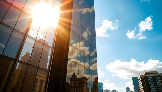 고층건물 유리창에 비친 햇살과 건물풍경 시티뷰A view of the sunlight and the scenery of the building on the windows of the high-rise building