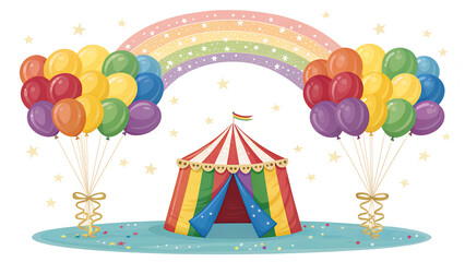 Cheerful circus tent with rainbow and colorful balloons creating a festive and whimsical atmosphere