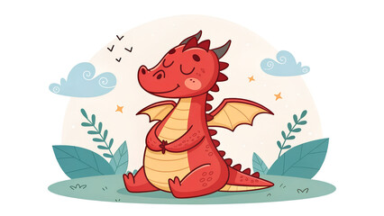Cute red dragon sitting peacefully in a whimsical landscape with clouds and stars illustration art