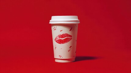 Disposable coffee cup with lipstick mark on red background.