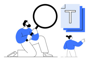 Man examining text with magnifying glass, woman gesturing towards documents. Ideal for research, analysis, discovery, inspection, teamwork, investigation and presentations. Perfect for simple