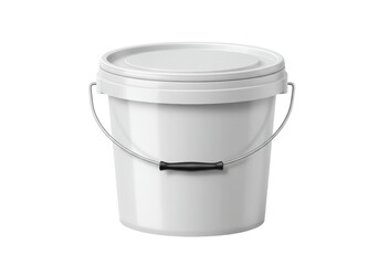 Isolated blank white bucket for paint or food, with lid and metal handle, simple design