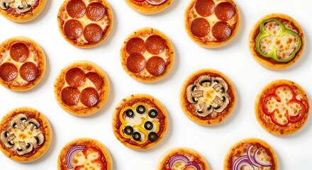 Assorted mini pizzas with various toppings on white background
