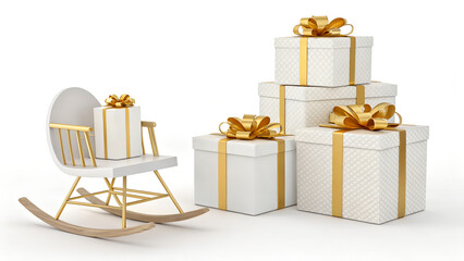 Elegant gift boxes with gold ribbons stacked next to a white and gold rocking chair
