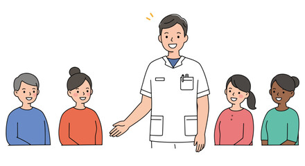 Fototapeta premium A healthcare professional welcomes and interacts with a diverse group of patients.